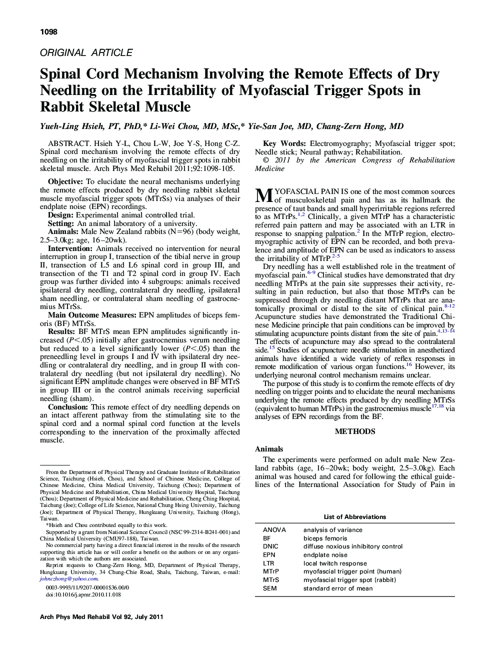 Spinal Cord Mechanism Involving the Remote Effects of Dry Needling on the Irritability of Myofascial Trigger Spots in Rabbit Skeletal Muscle 