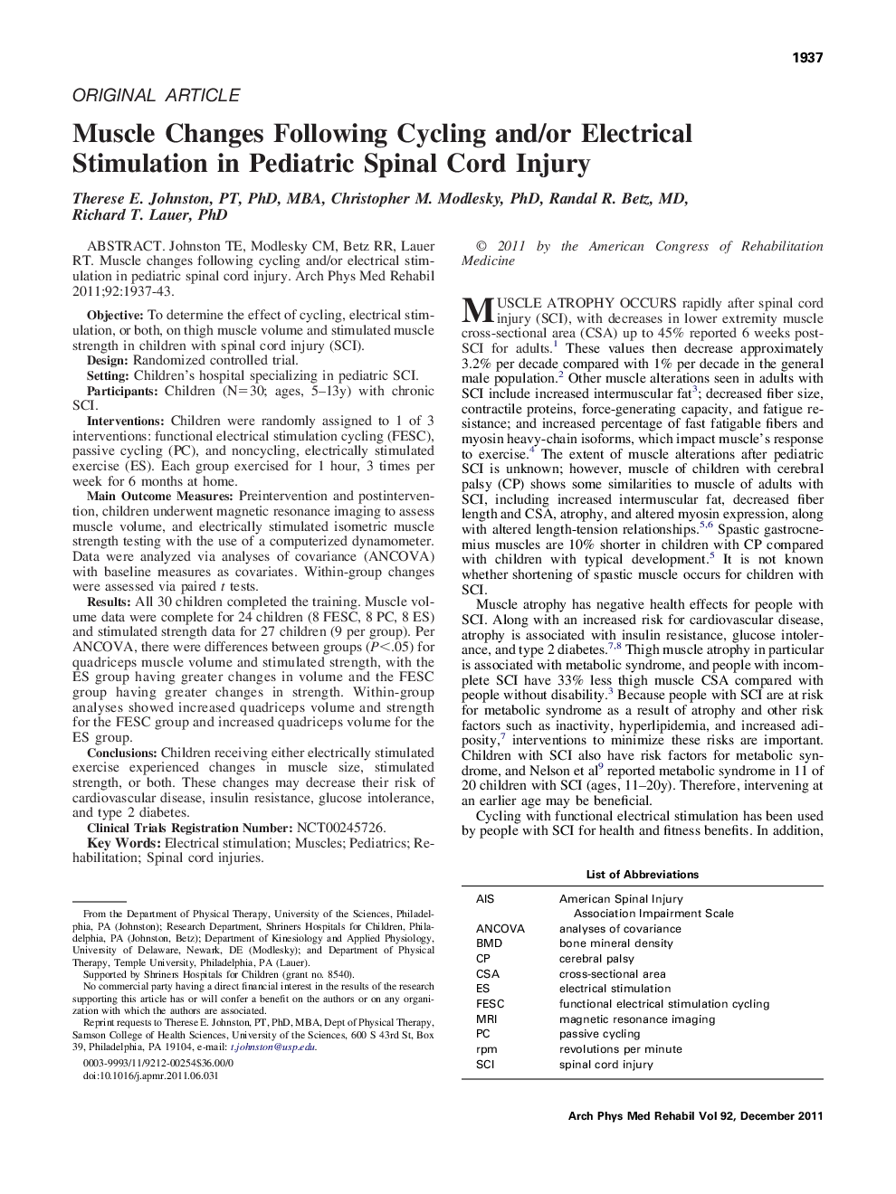 Muscle Changes Following Cycling and/or Electrical Stimulation in Pediatric Spinal Cord Injury 