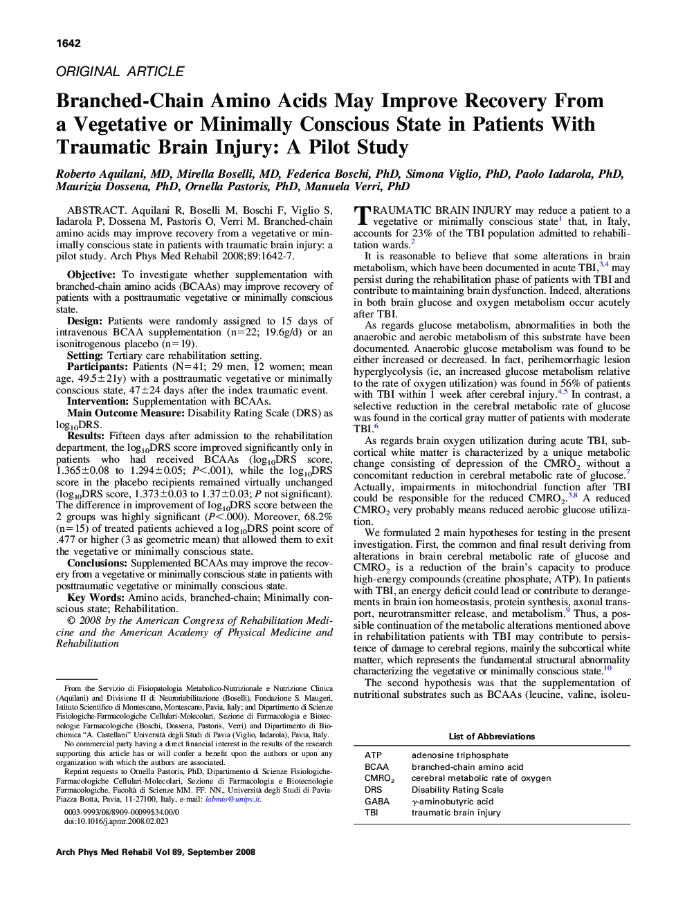 Branched-Chain Amino Acids May Improve Recovery From a Vegetative or Minimally Conscious State in Patients With Traumatic Brain Injury: A Pilot Study