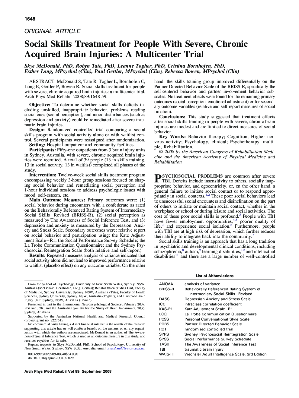 Social Skills Treatment for People With Severe, Chronic Acquired Brain Injuries: A Multicenter Trial 