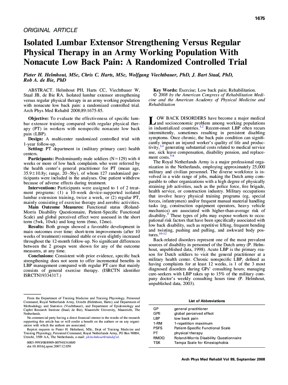 Isolated Lumbar Extensor Strengthening Versus Regular Physical Therapy in an Army Working Population With Nonacute Low Back Pain: A Randomized Controlled Trial 