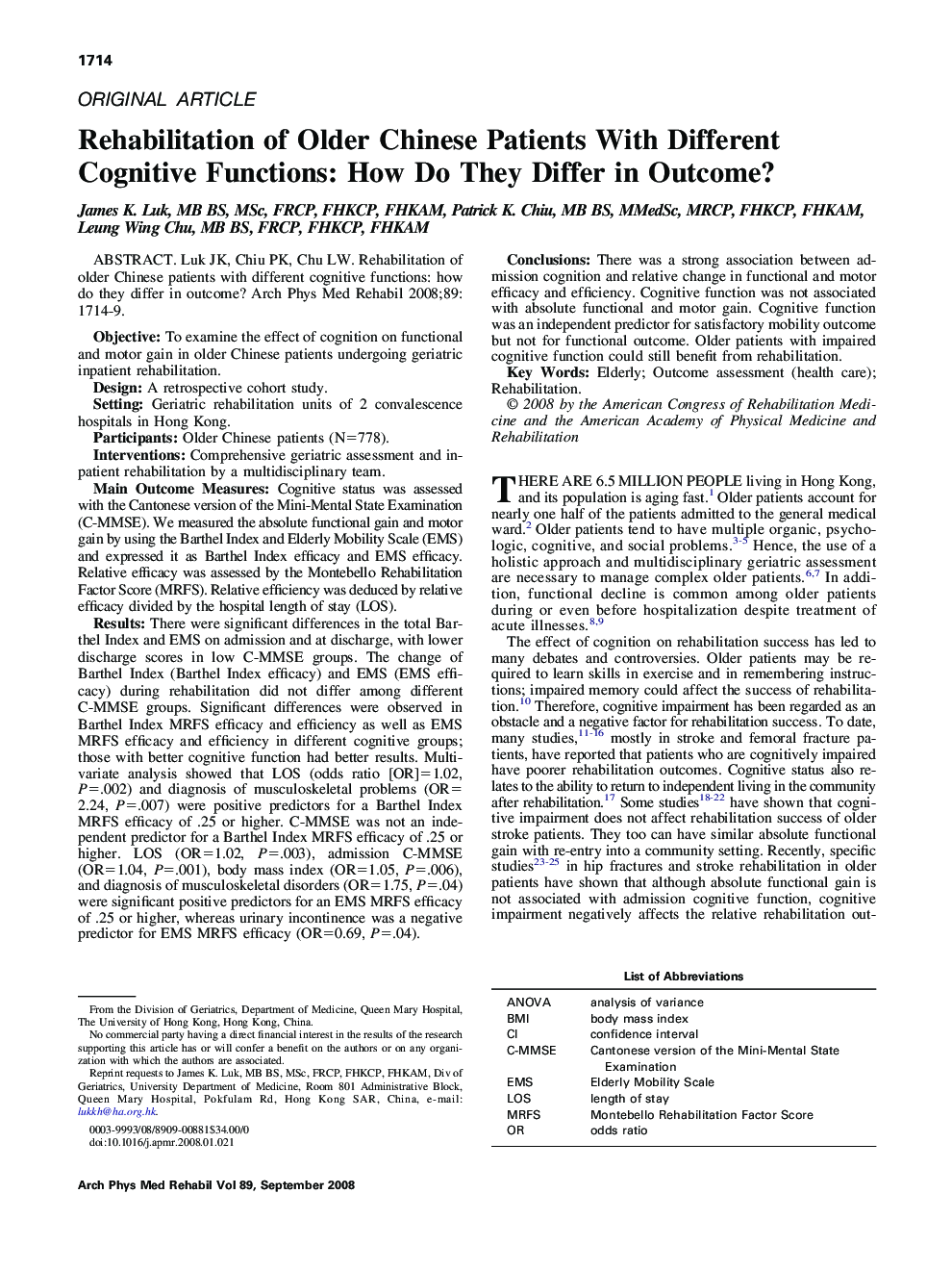 Rehabilitation of Older Chinese Patients With Different Cognitive Functions: How Do They Differ in Outcome?