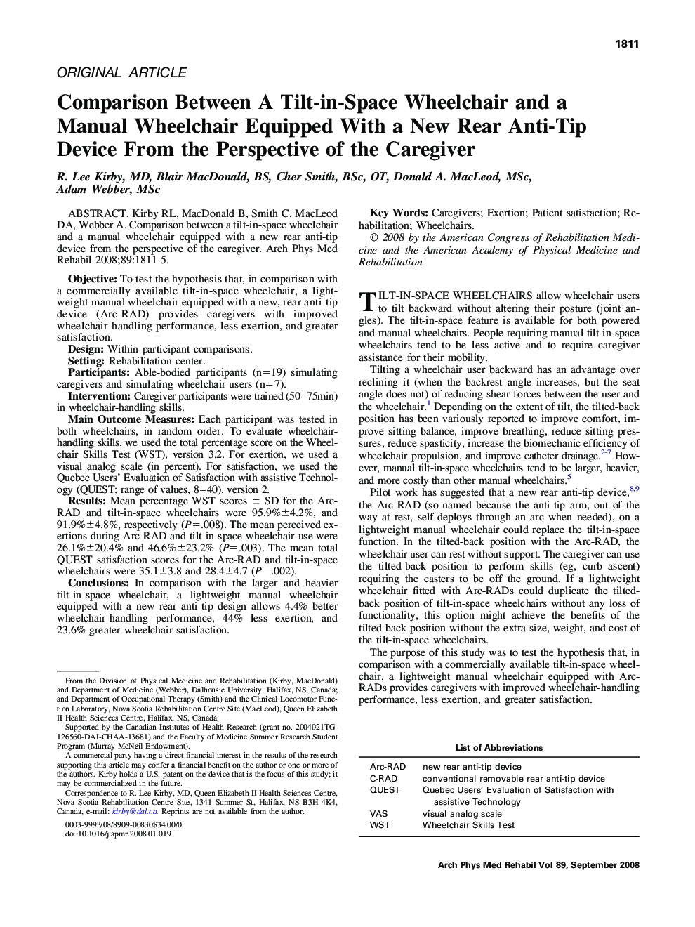 Comparison Between A Tilt-in-Space Wheelchair and a Manual Wheelchair Equipped With a New Rear Anti-Tip Device From the Perspective of the Caregiver 