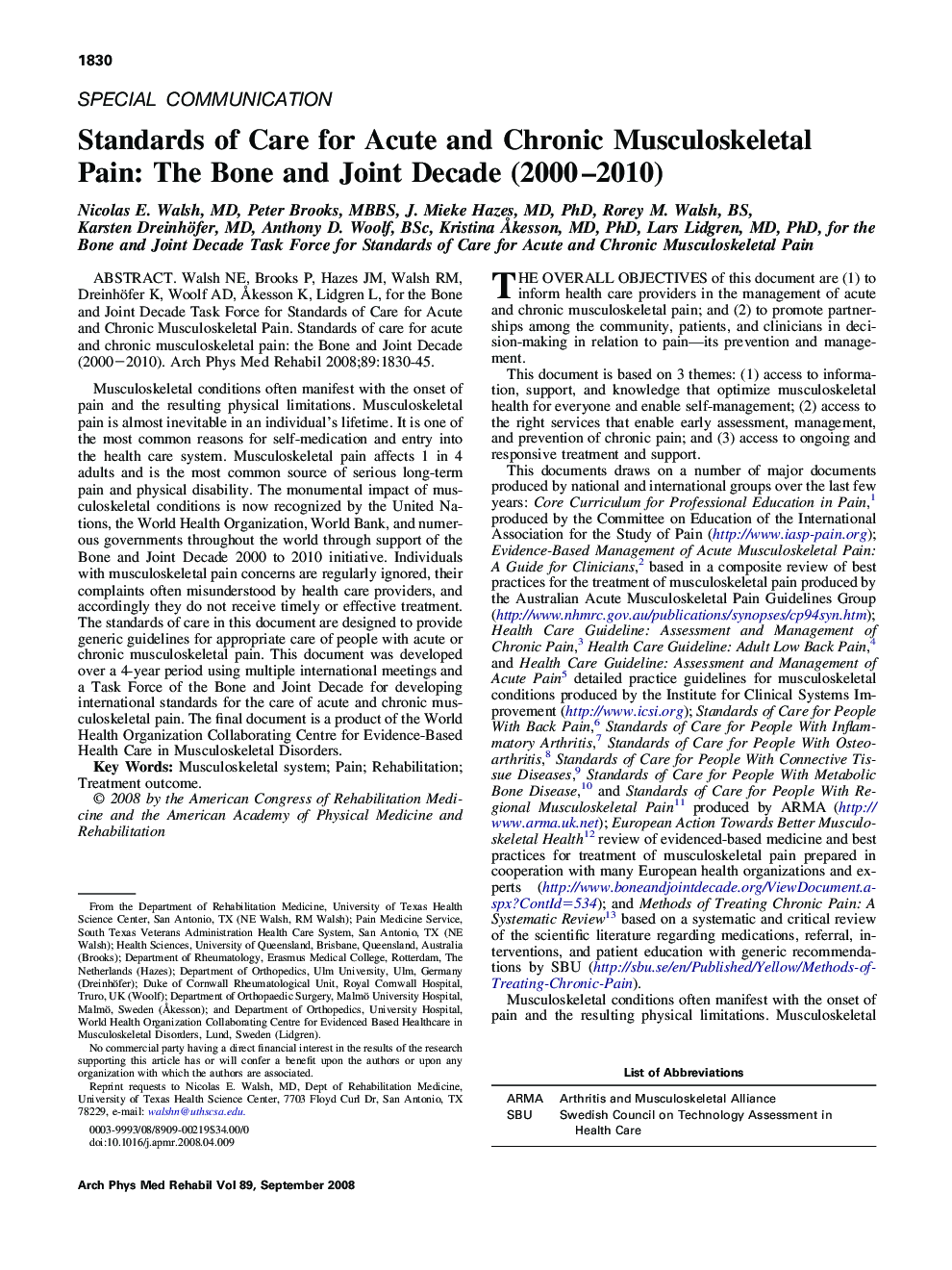 Standards of Care for Acute and Chronic Musculoskeletal Pain: The Bone and Joint Decade (2000-2010)
