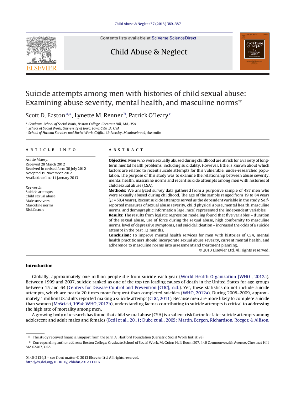 Suicide attempts among men with histories of child sexual abuse: Examining abuse severity, mental health, and masculine norms 