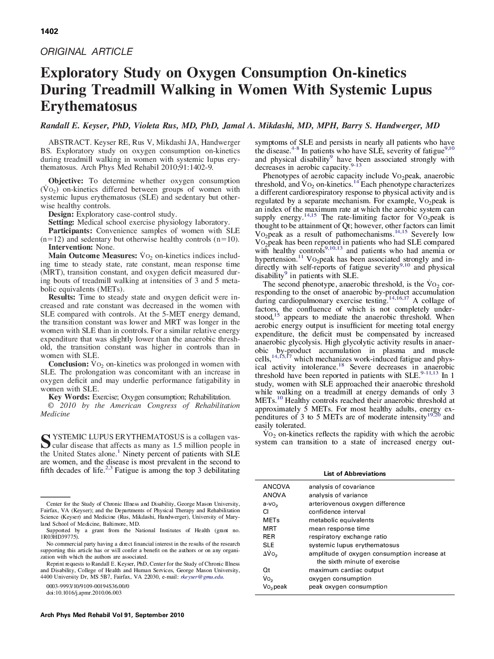 Exploratory Study on Oxygen Consumption On-kinetics During Treadmill Walking in Women With Systemic Lupus Erythematosus