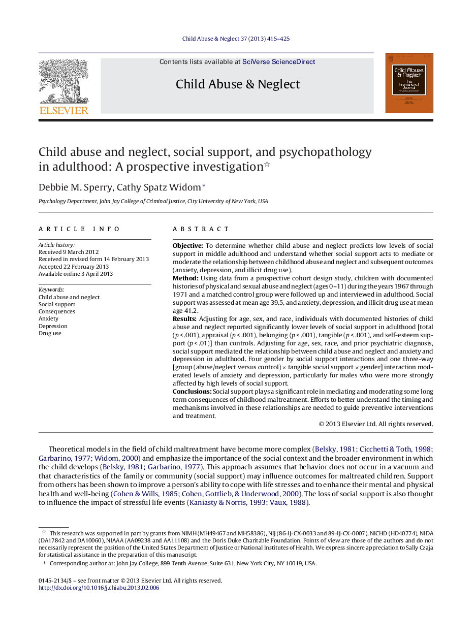 Child abuse and neglect, social support, and psychopathology in adulthood: A prospective investigation 