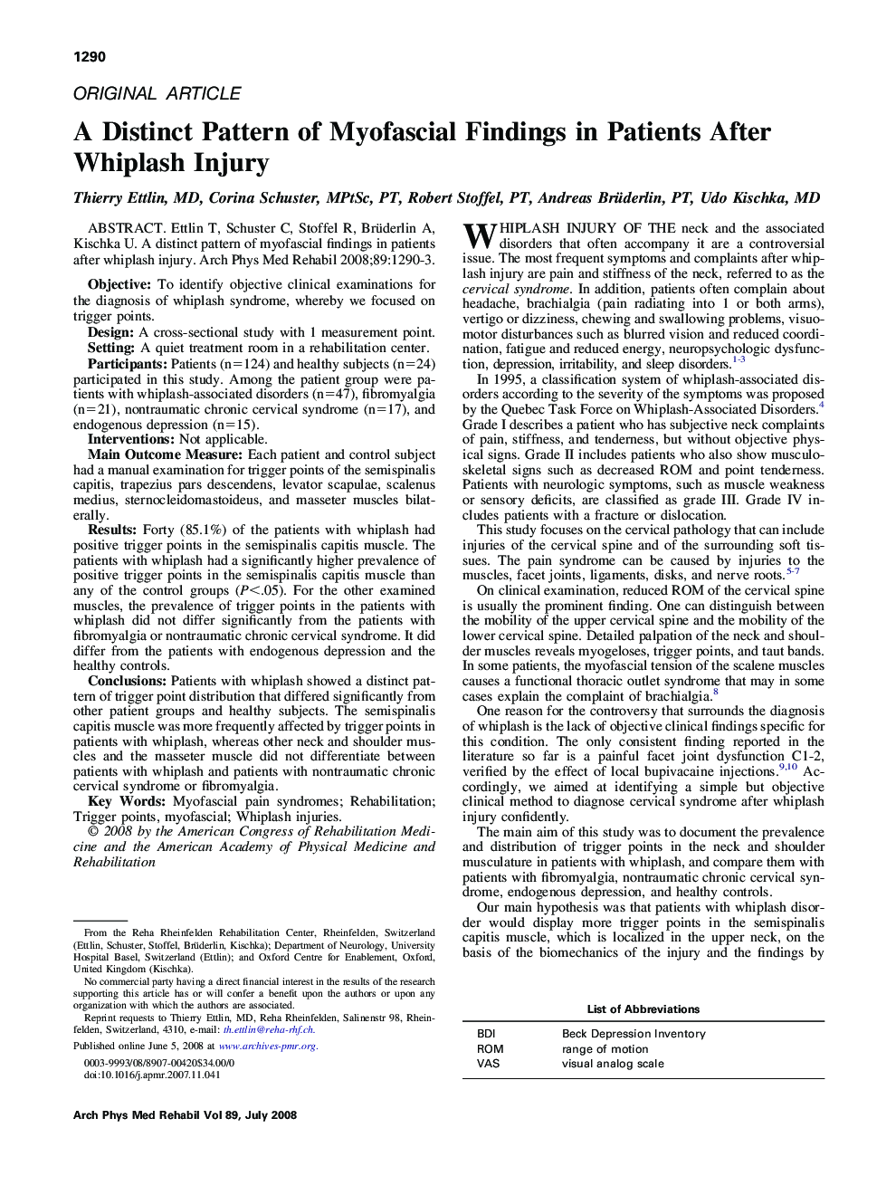 A Distinct Pattern of Myofascial Findings in Patients After Whiplash Injury