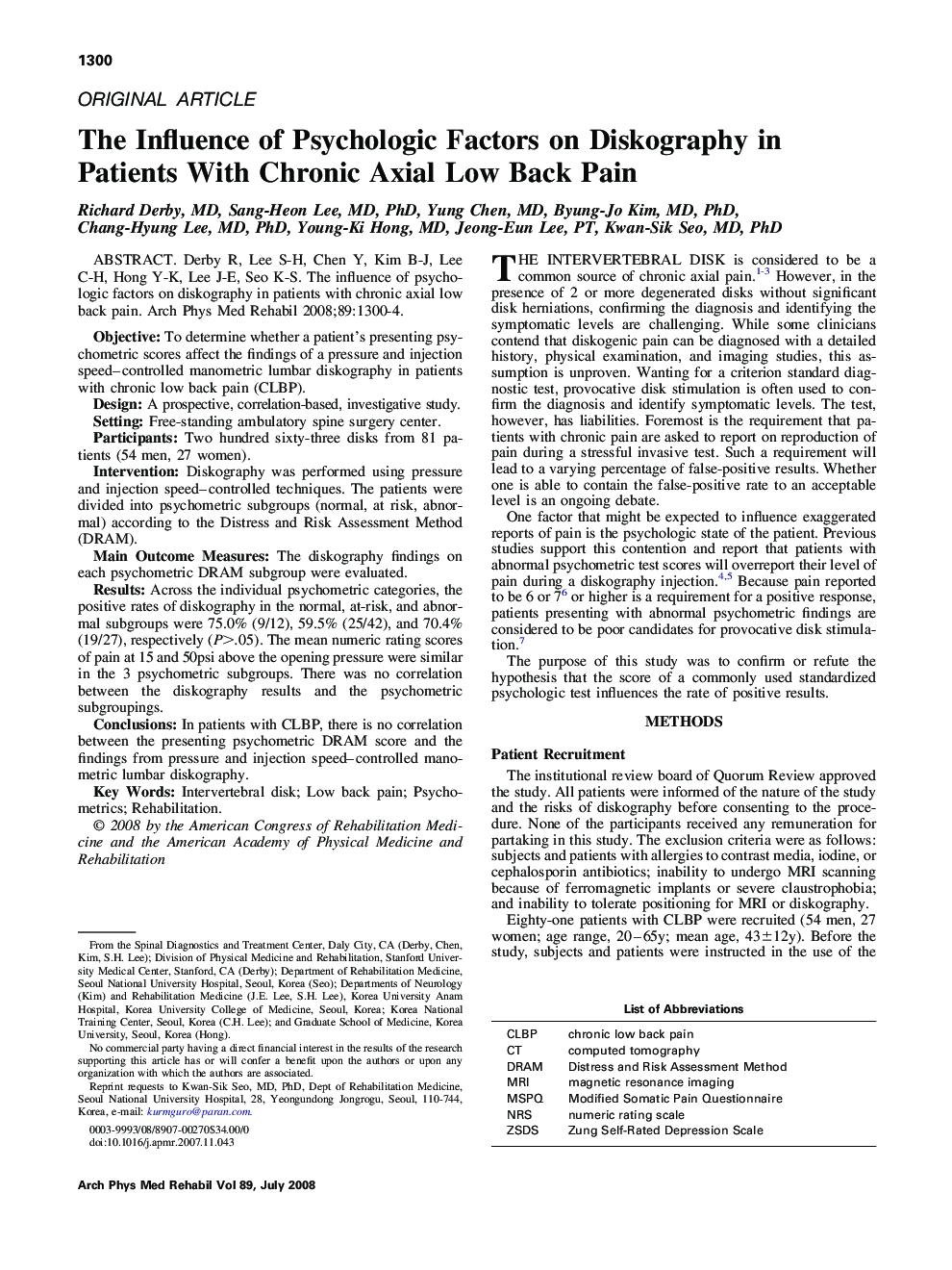 The Influence of Psychologic Factors on Diskography in Patients With Chronic Axial Low Back Pain