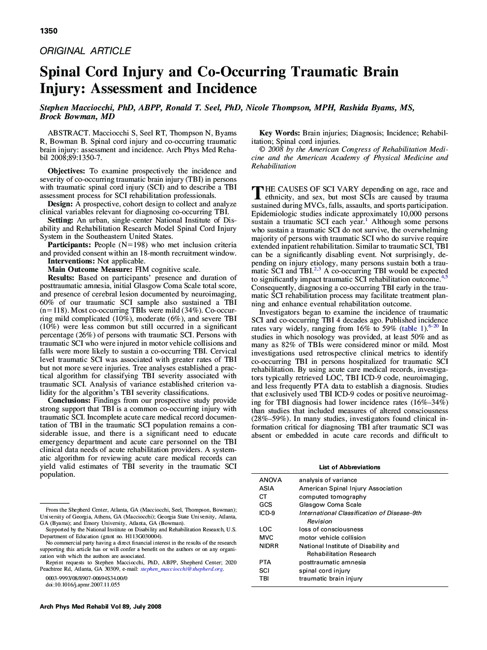 Spinal Cord Injury and Co-Occurring Traumatic Brain Injury: Assessment and Incidence