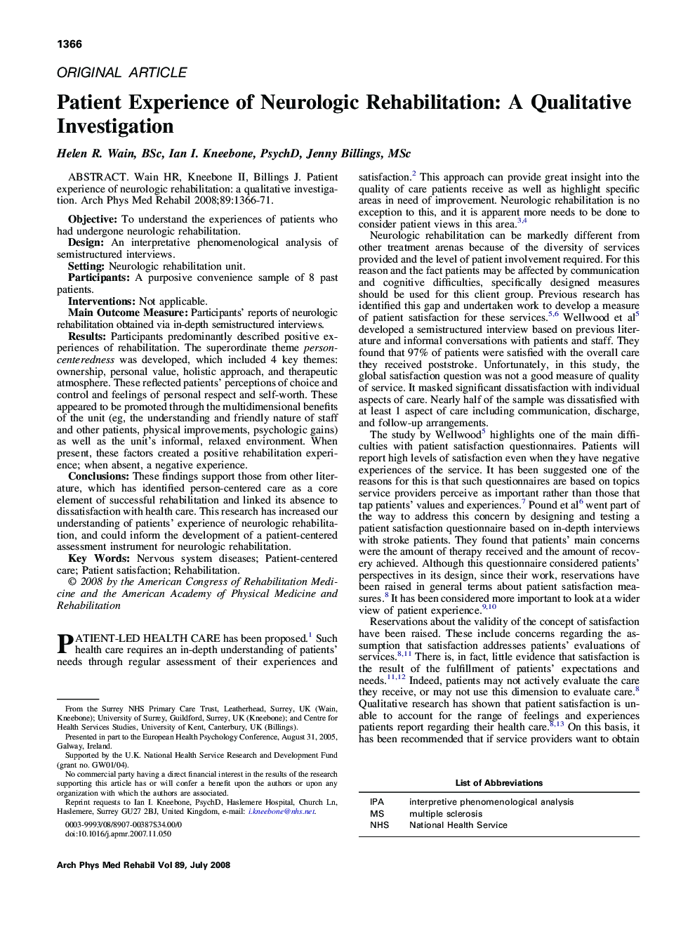 Patient Experience of Neurologic Rehabilitation: A Qualitative Investigation 