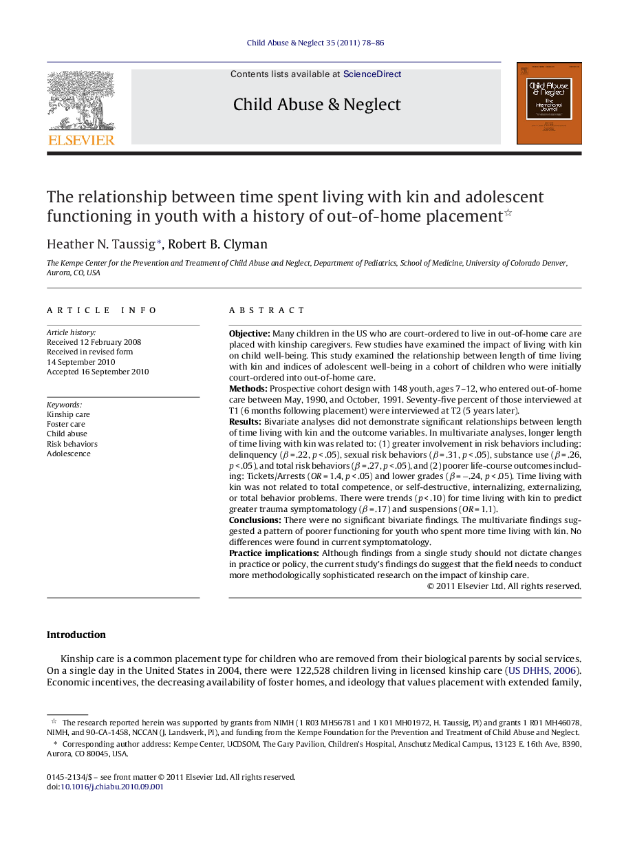 The relationship between time spent living with kin and adolescent functioning in youth with a history of out-of-home placement 