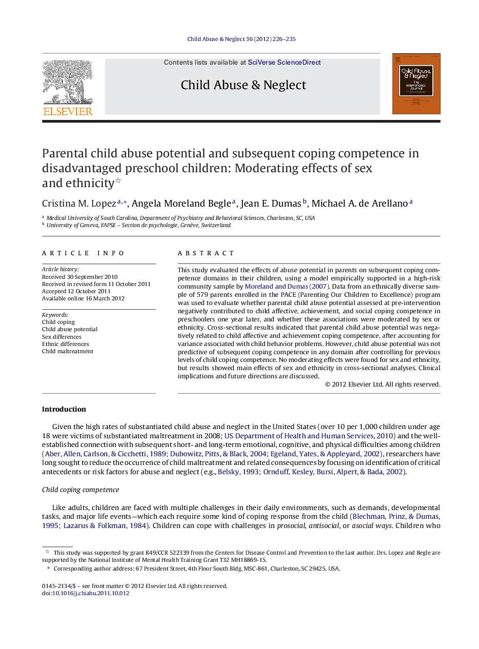 Parental child abuse potential and subsequent coping competence in disadvantaged preschool children: Moderating effects of sex and ethnicity 