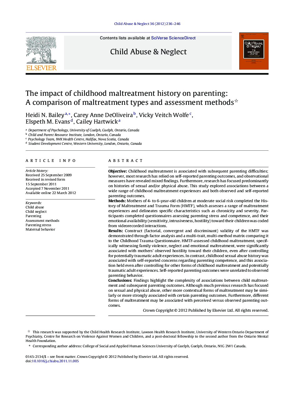 The impact of childhood maltreatment history on parenting: A comparison of maltreatment types and assessment methods 