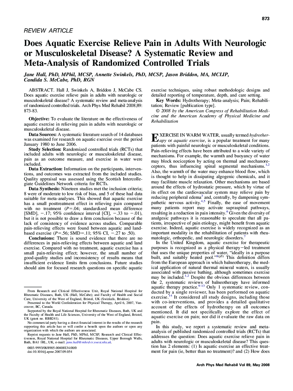 Does Aquatic Exercise Relieve Pain in Adults With Neurologic or Musculoskeletal Disease? A Systematic Review and Meta-Analysis of Randomized Controlled Trials 