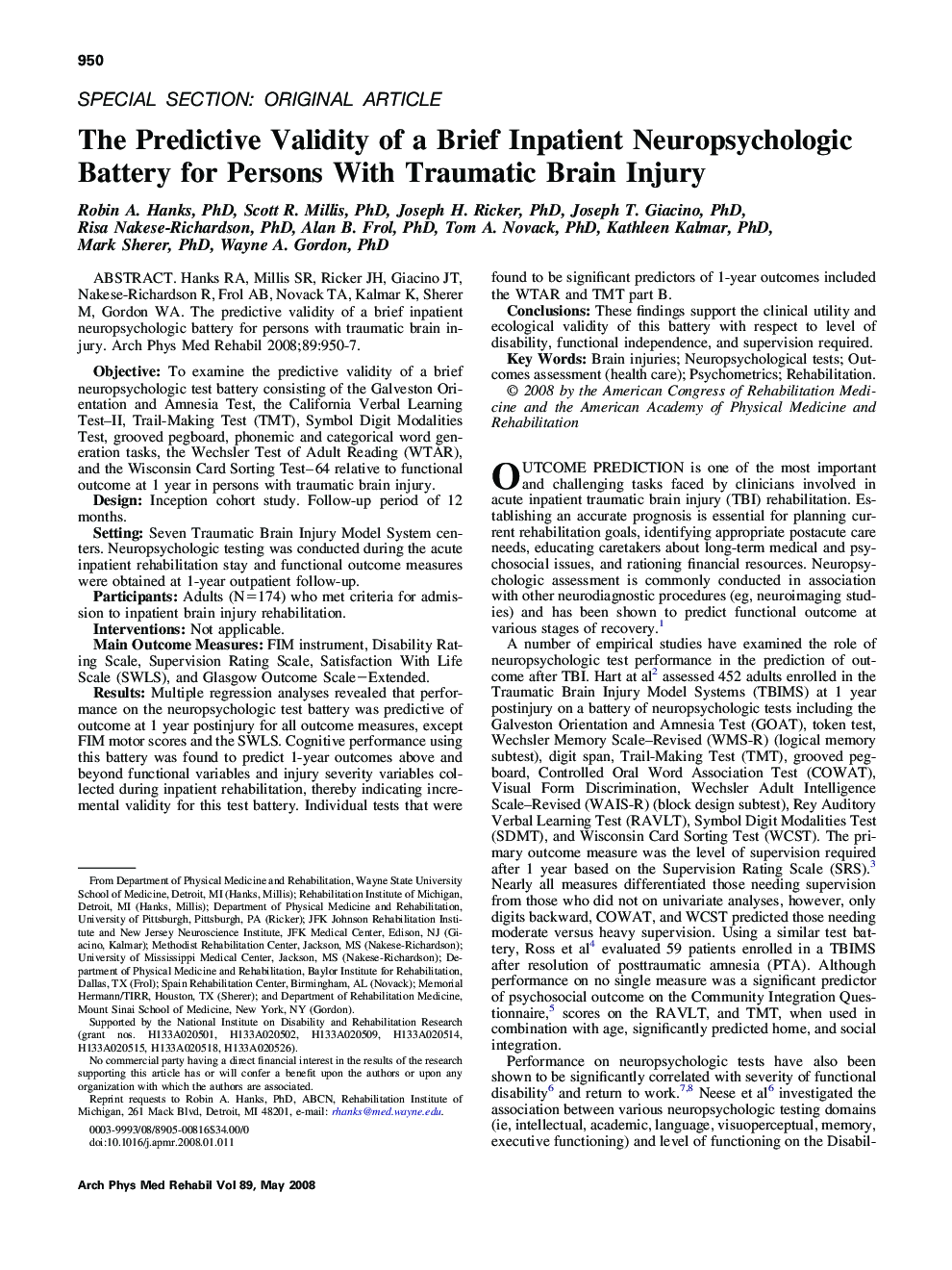 The Predictive Validity of a Brief Inpatient Neuropsychologic Battery for Persons With Traumatic Brain Injury 