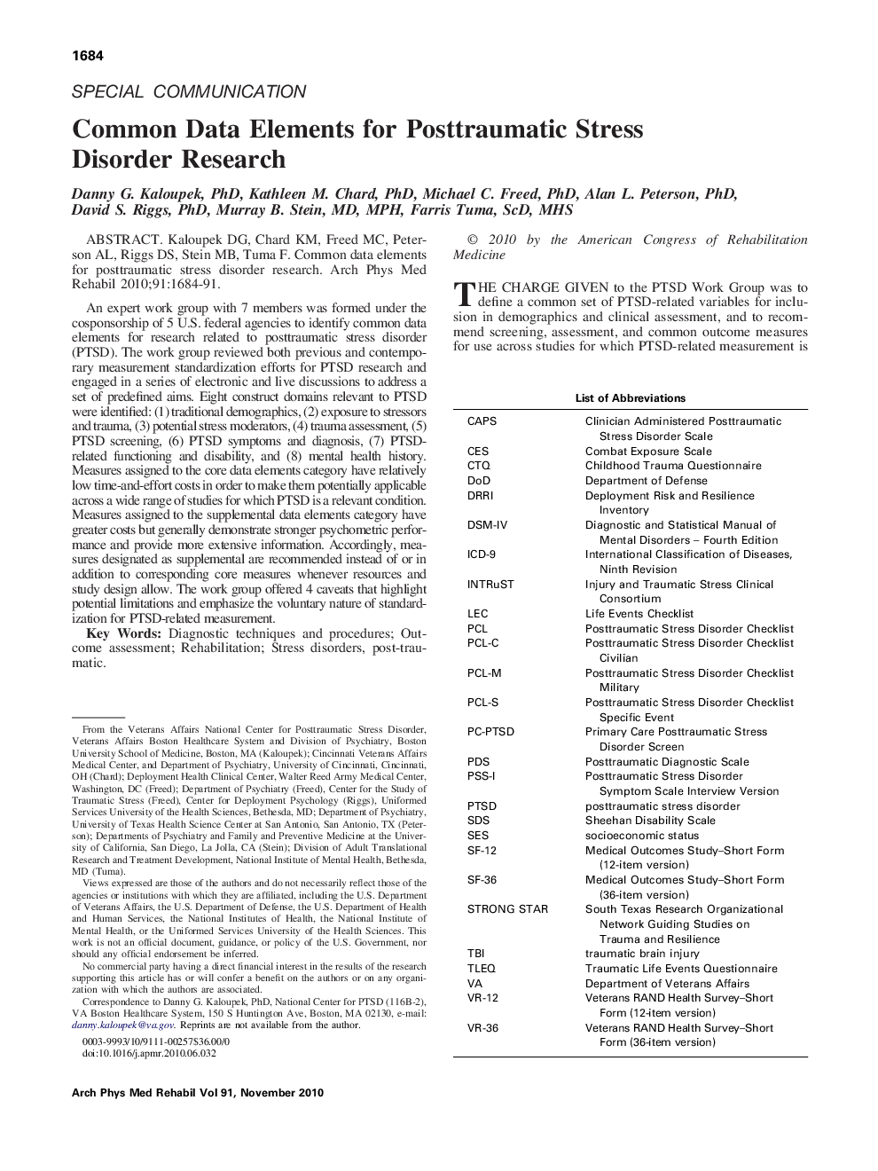 Common Data Elements for Posttraumatic Stress Disorder Research