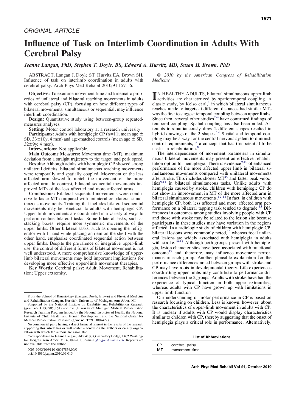 Influence of Task on Interlimb Coordination in Adults With Cerebral Palsy 