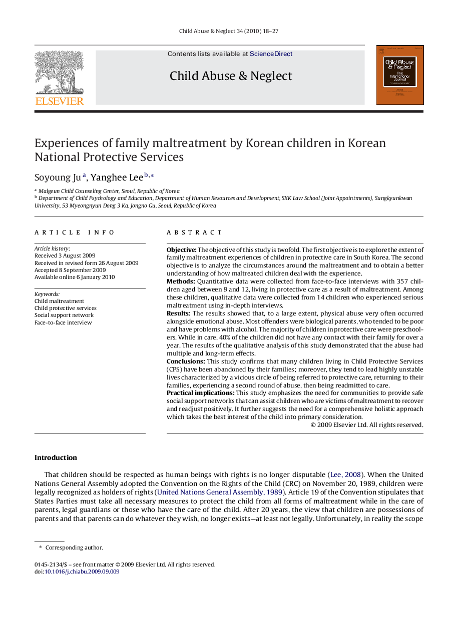 Experiences of family maltreatment by Korean children in Korean National Protective Services