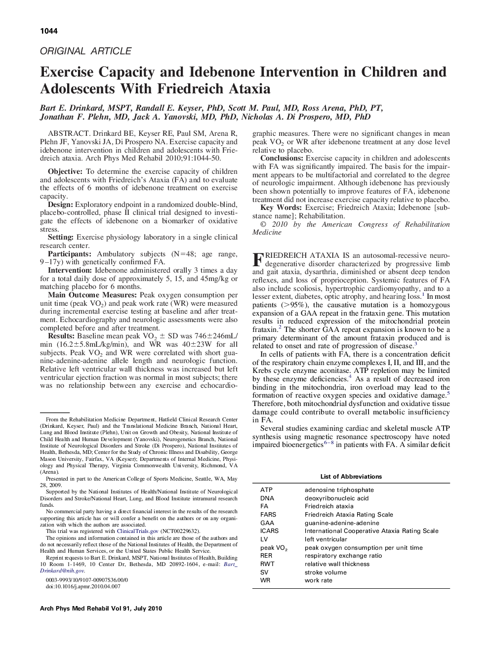 Exercise Capacity and Idebenone Intervention in Children and Adolescents With Friedreich Ataxia 