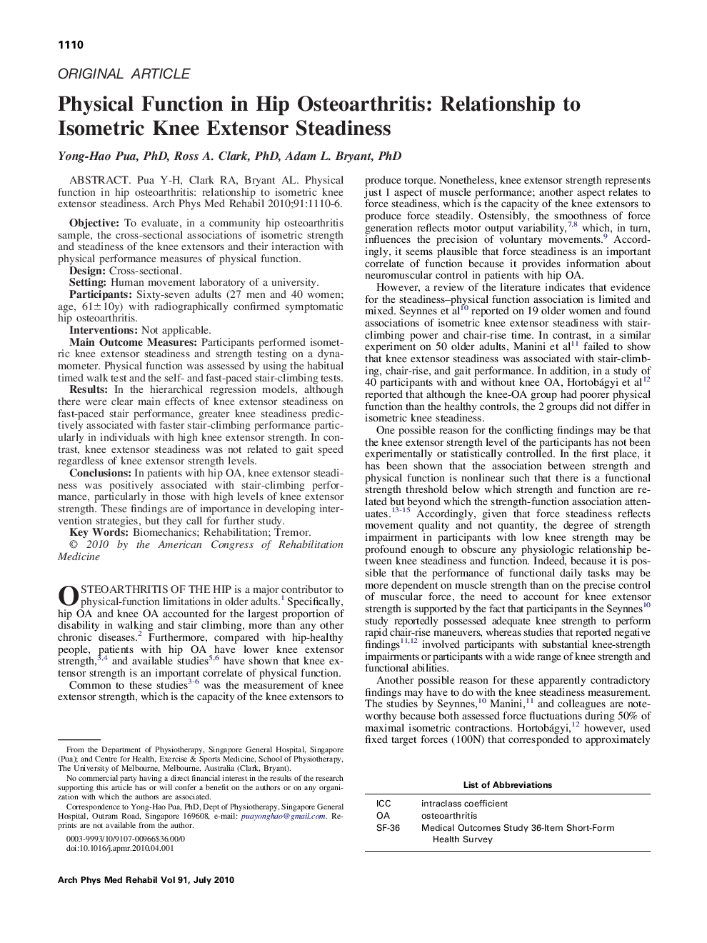 Physical Function in Hip Osteoarthritis: Relationship to Isometric Knee Extensor Steadiness 