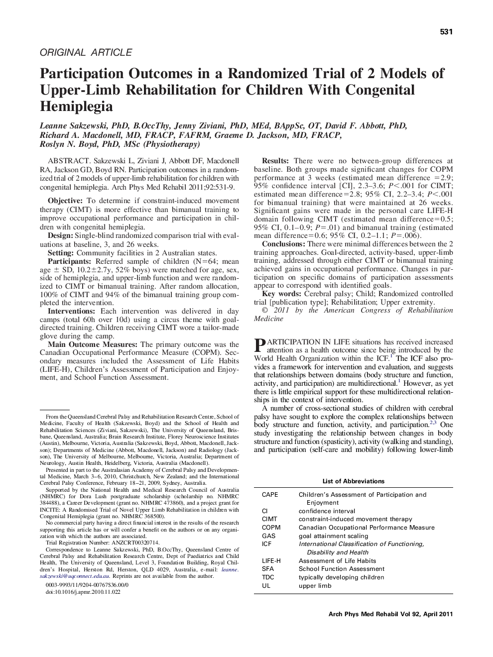 Participation Outcomes in a Randomized Trial of 2 Models of Upper-Limb Rehabilitation for Children With Congenital Hemiplegia 