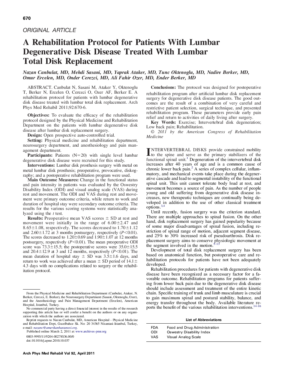 A Rehabilitation Protocol for Patients With Lumbar Degenerative Disk Disease Treated With Lumbar Total Disk Replacement 