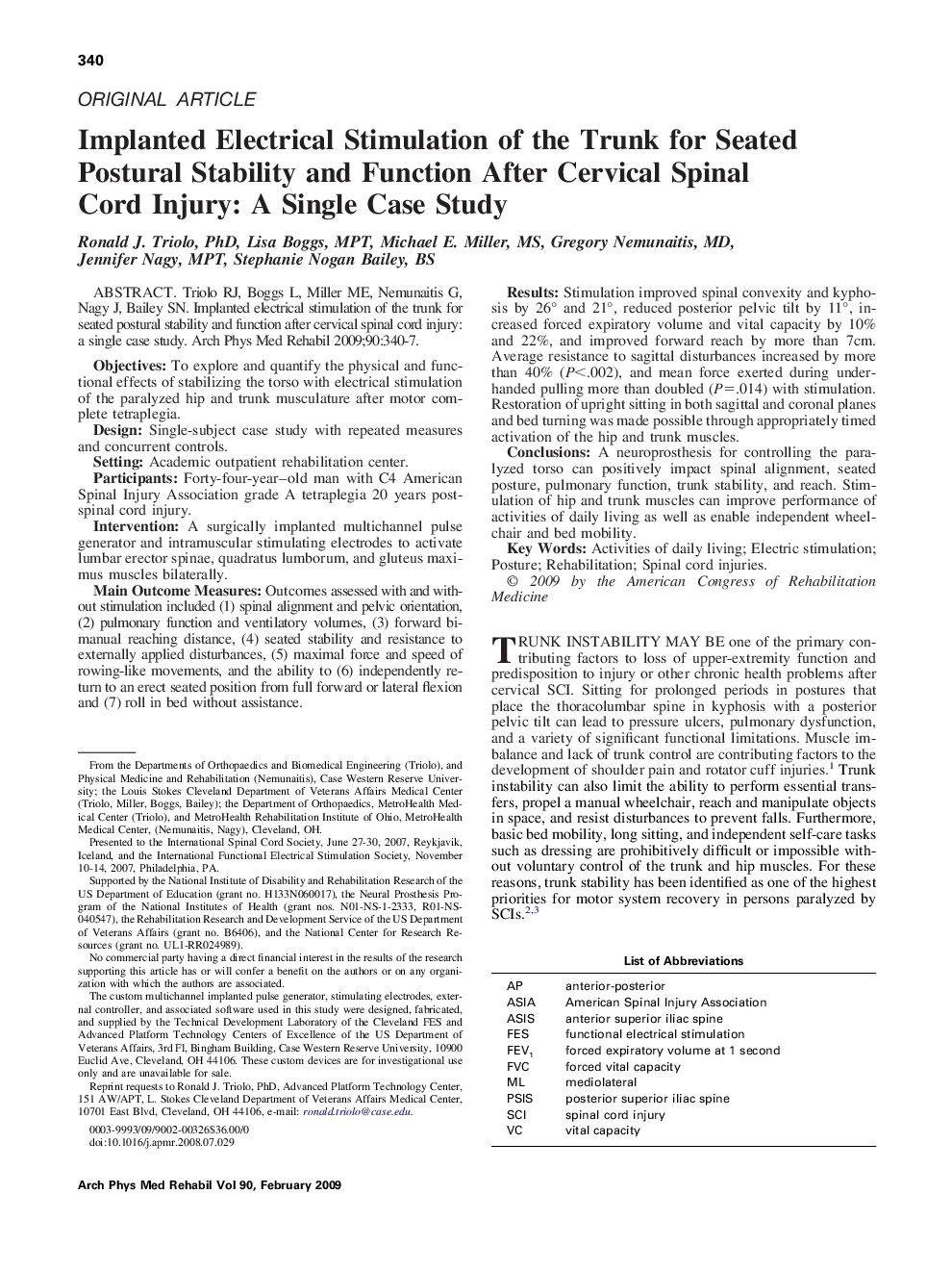 Implanted Electrical Stimulation of the Trunk for Seated Postural Stability and Function After Cervical Spinal Cord Injury: A Single Case Study 