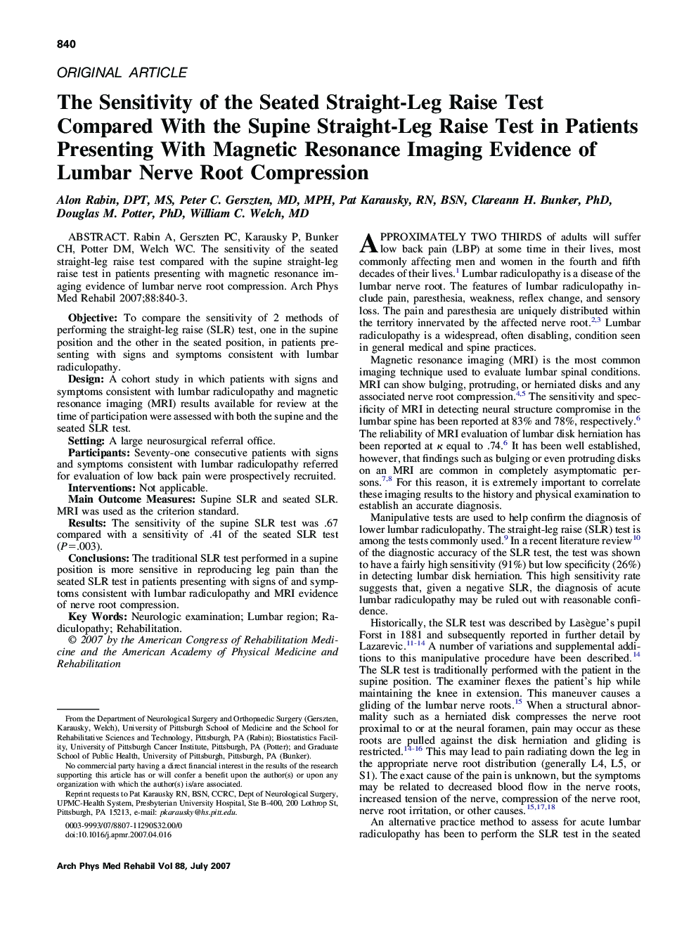 The Sensitivity of the Seated Straight-Leg Raise Test Compared With the Supine Straight-Leg Raise Test in Patients Presenting With Magnetic Resonance Imaging Evidence of Lumbar Nerve Root Compression 