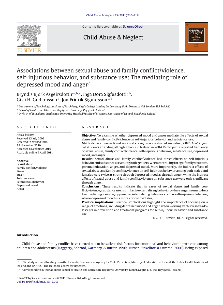 Associations between sexual abuse and family conflict/violence, self-injurious behavior, and substance use: The mediating role of depressed mood and anger 