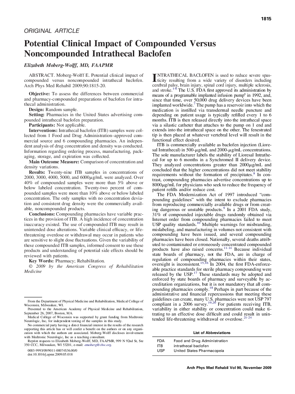 Potential Clinical Impact of Compounded Versus Noncompounded Intrathecal Baclofen