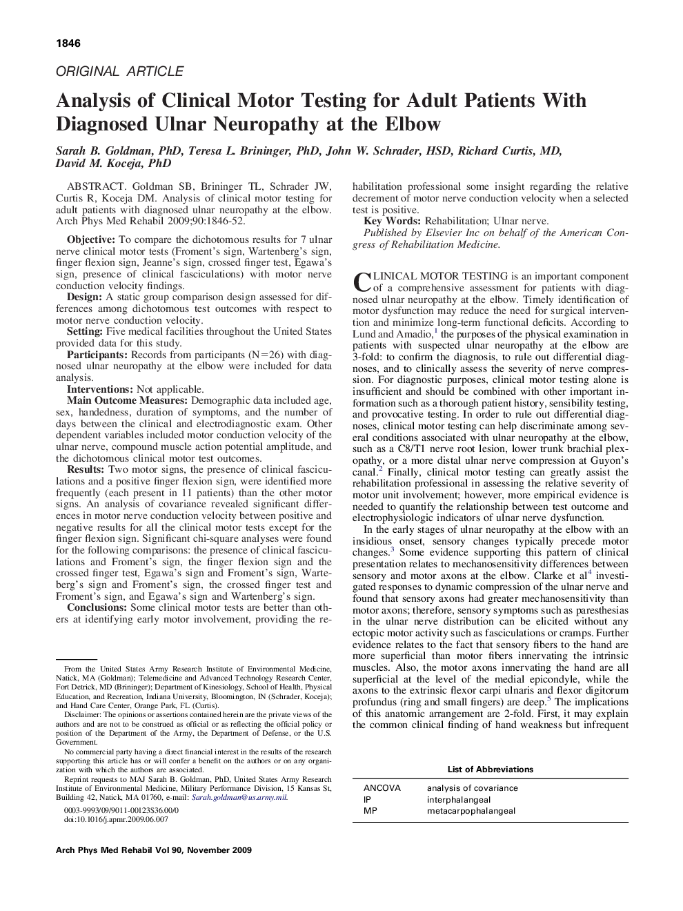 Analysis of Clinical Motor Testing for Adult Patients With Diagnosed Ulnar Neuropathy at the Elbow 
