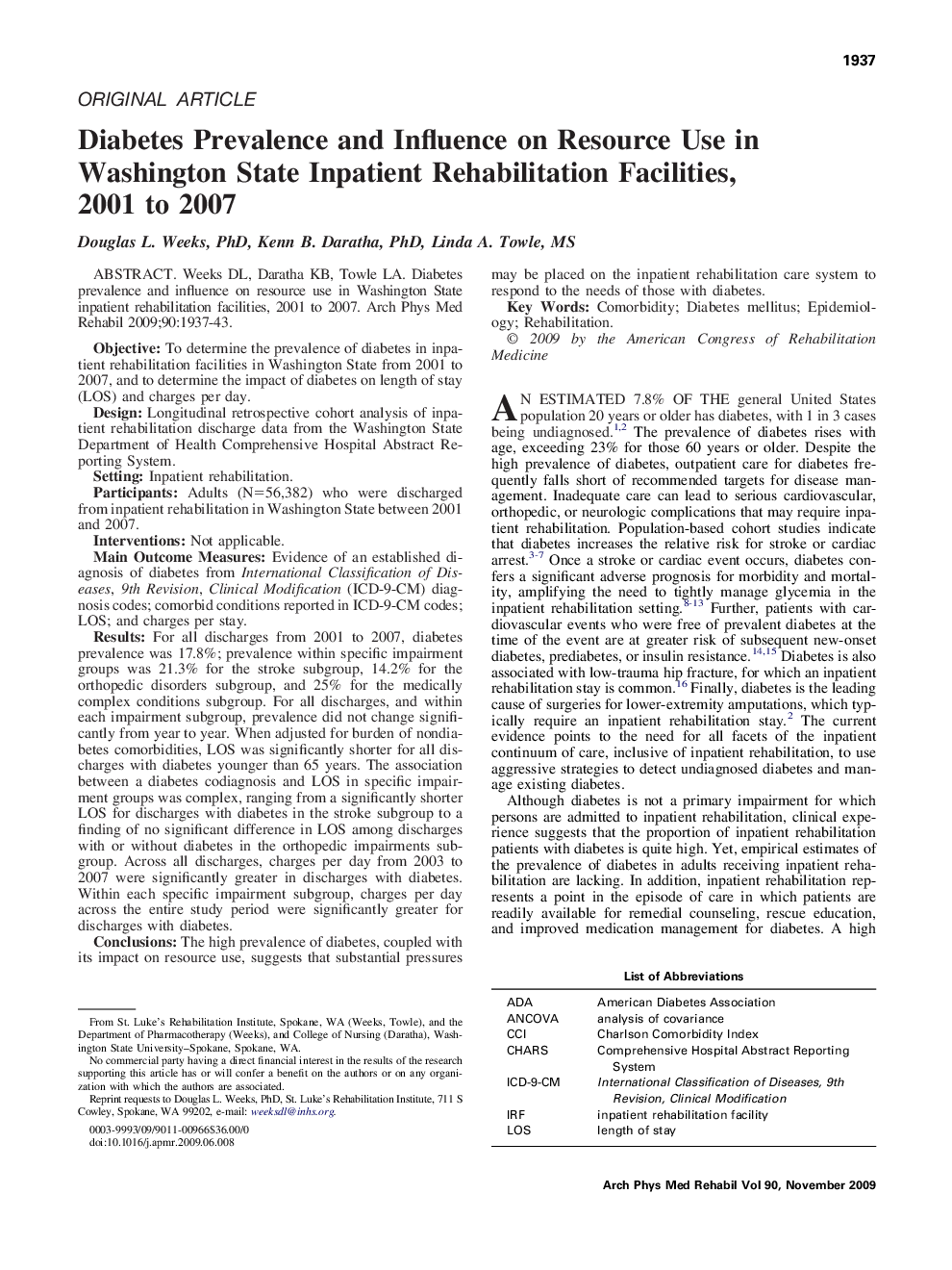 Diabetes Prevalence and Influence on Resource Use in Washington State Inpatient Rehabilitation Facilities, 2001 to 2007