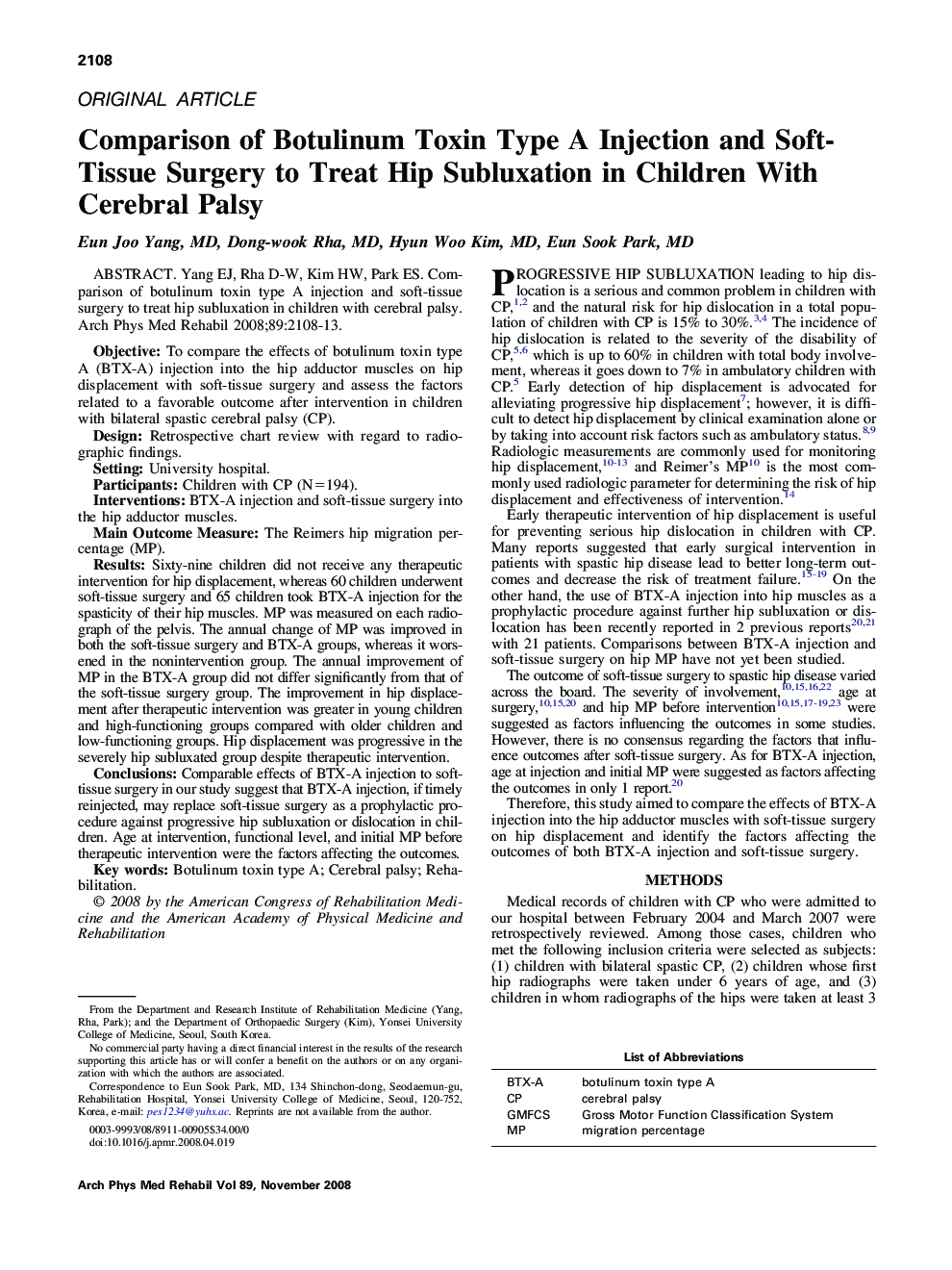 Comparison of Botulinum Toxin Type A Injection and Soft-Tissue Surgery to Treat Hip Subluxation in Children With Cerebral Palsy 