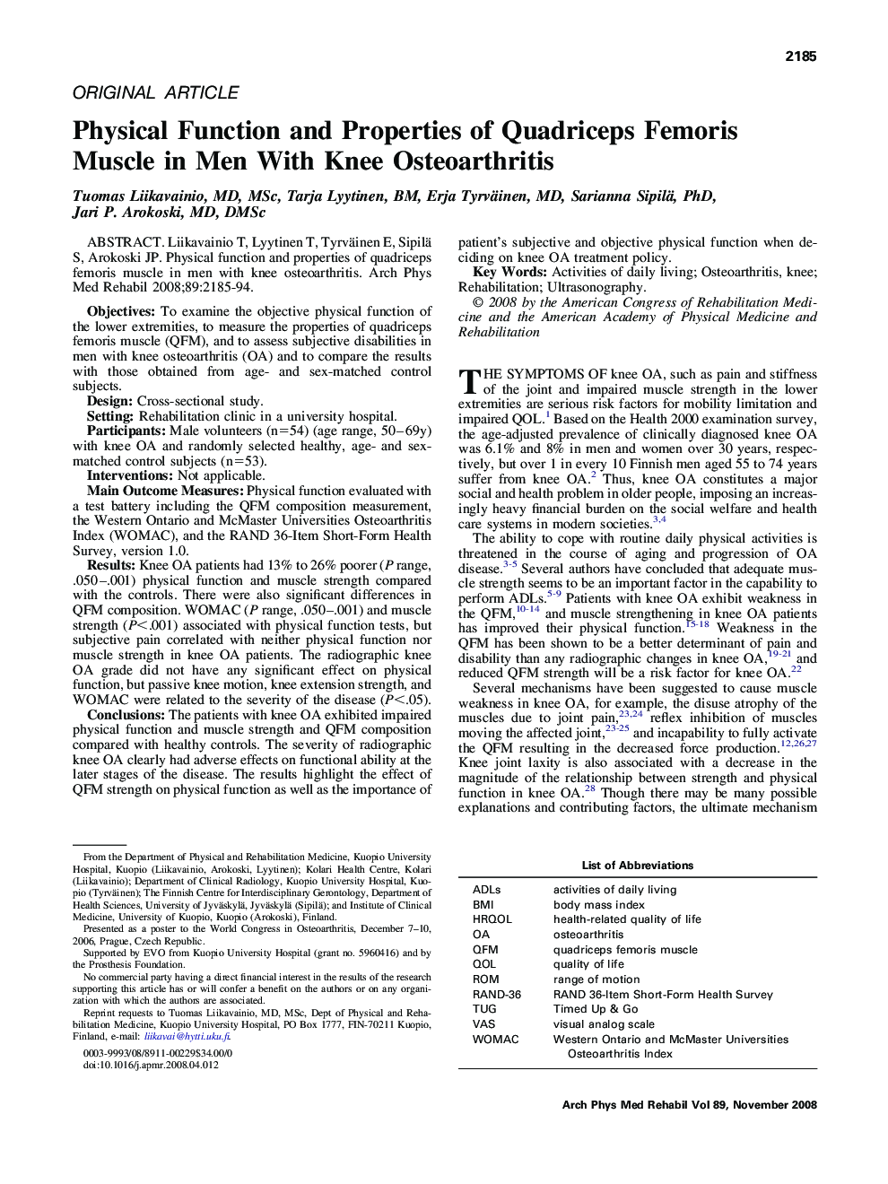 Physical Function and Properties of Quadriceps Femoris Muscle in Men With Knee Osteoarthritis 