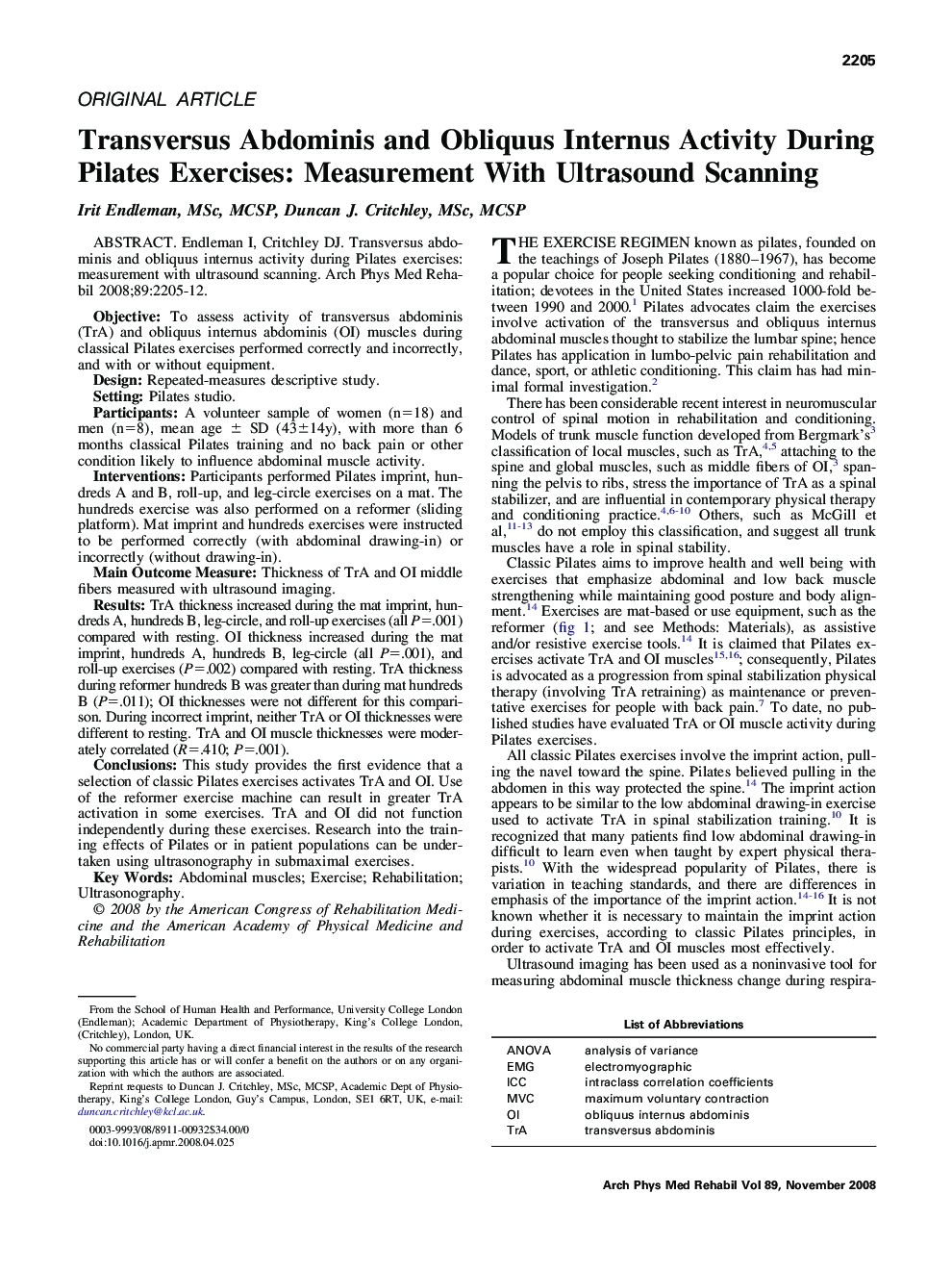 Transversus Abdominis and Obliquus Internus Activity During Pilates Exercises: Measurement With Ultrasound Scanning 