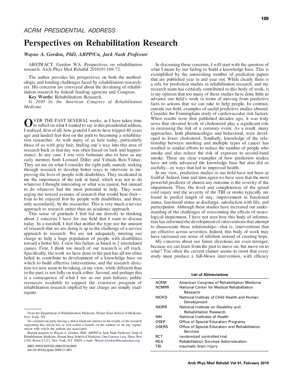 Perspectives on Rehabilitation Research