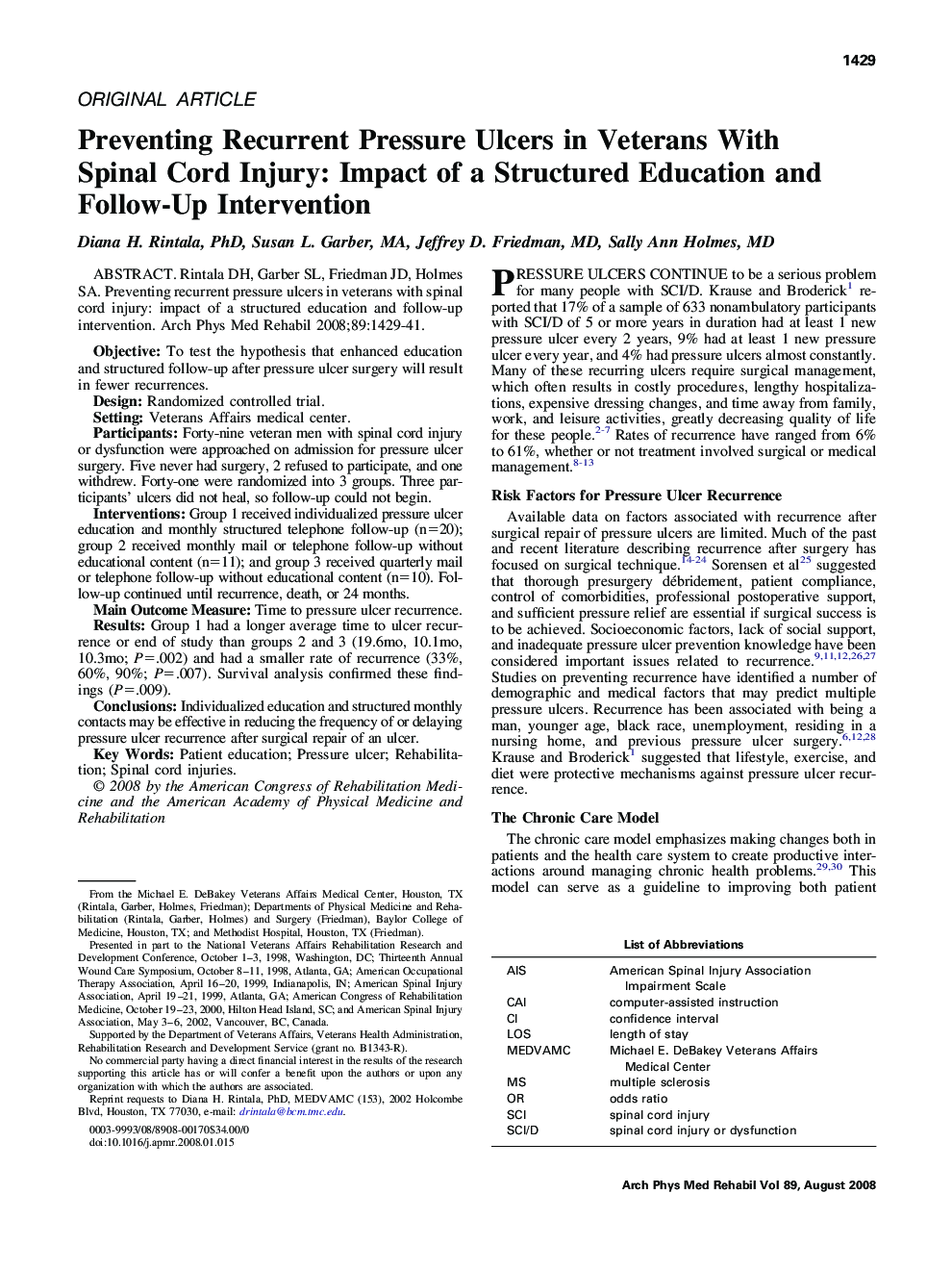 Preventing Recurrent Pressure Ulcers in Veterans With Spinal Cord Injury: Impact of a Structured Education and Follow-Up Intervention 