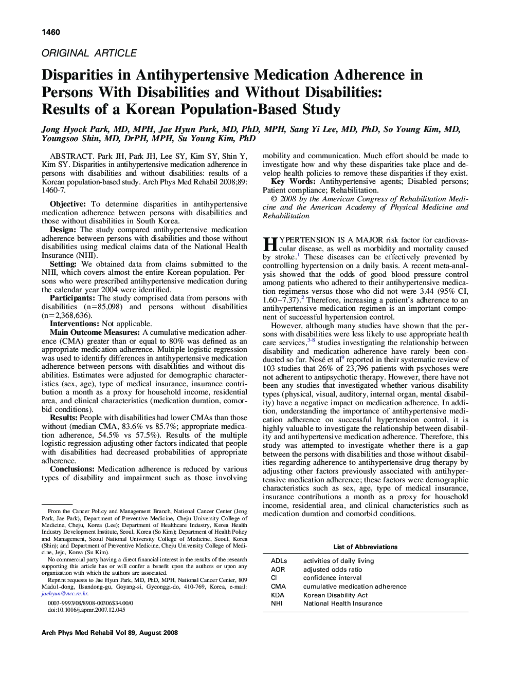 Disparities in Antihypertensive Medication Adherence in Persons With Disabilities and Without Disabilities: Results of a Korean Population-Based Study 