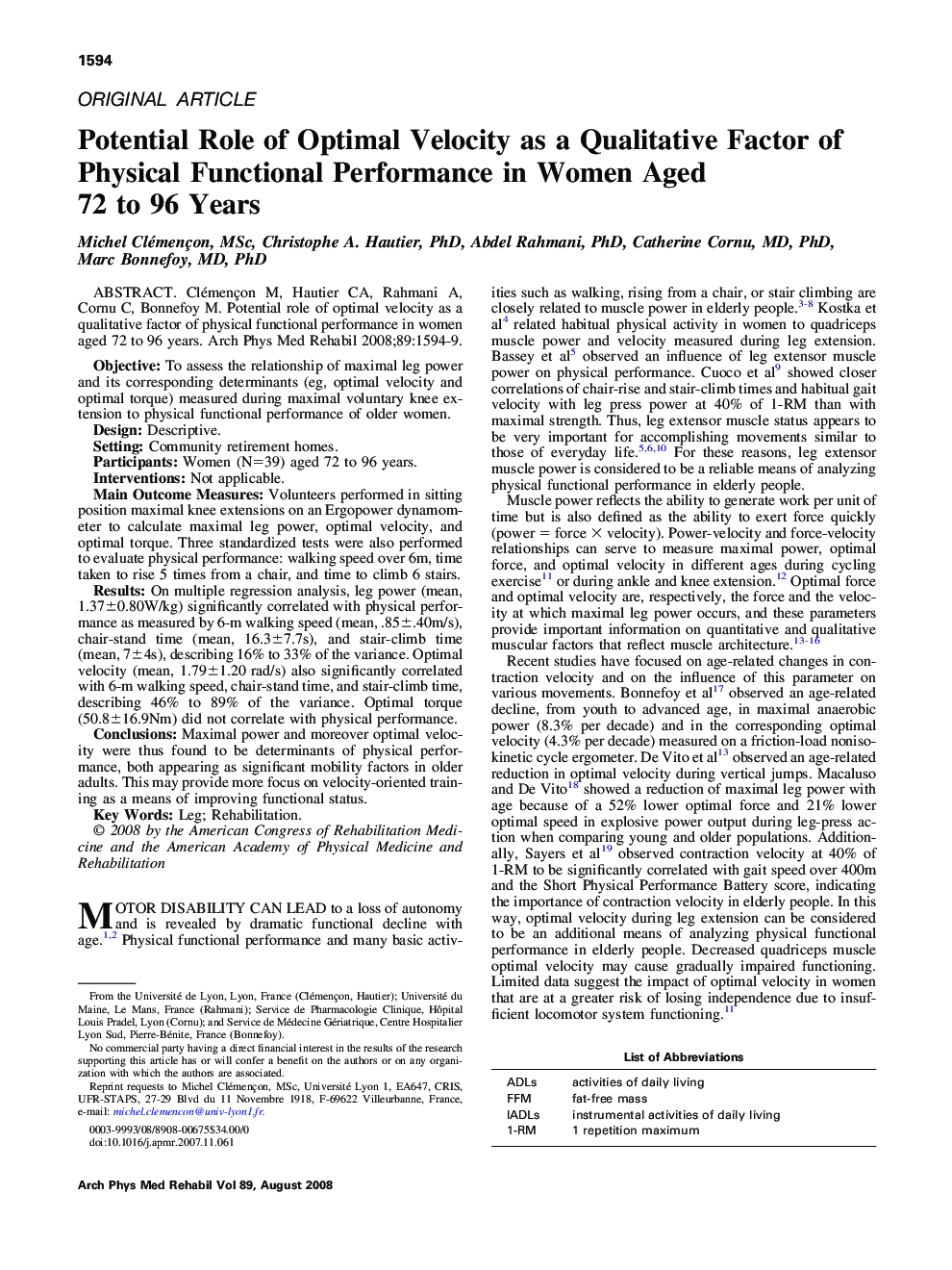 Potential Role of Optimal Velocity as a Qualitative Factor of Physical Functional Performance in Women Aged 72 to 96 Years