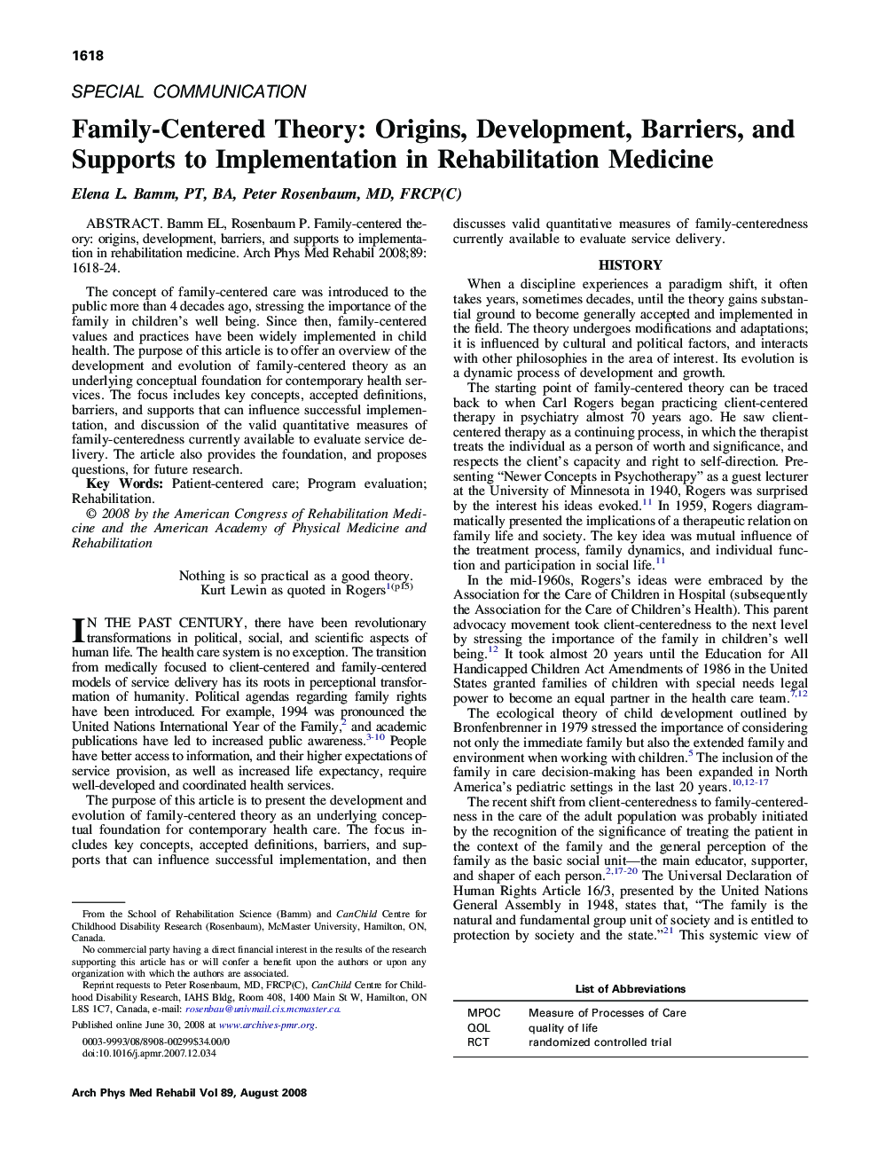 Family-Centered Theory: Origins, Development, Barriers, and Supports to Implementation in Rehabilitation Medicine 