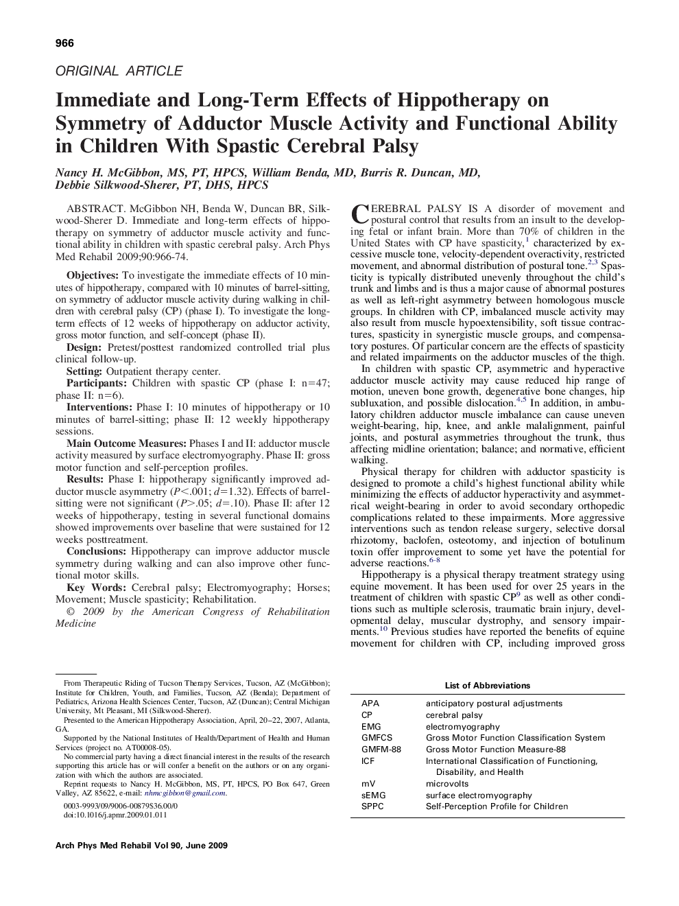 Immediate and Long-Term Effects of Hippotherapy on Symmetry of Adductor Muscle Activity and Functional Ability in Children With Spastic Cerebral Palsy 