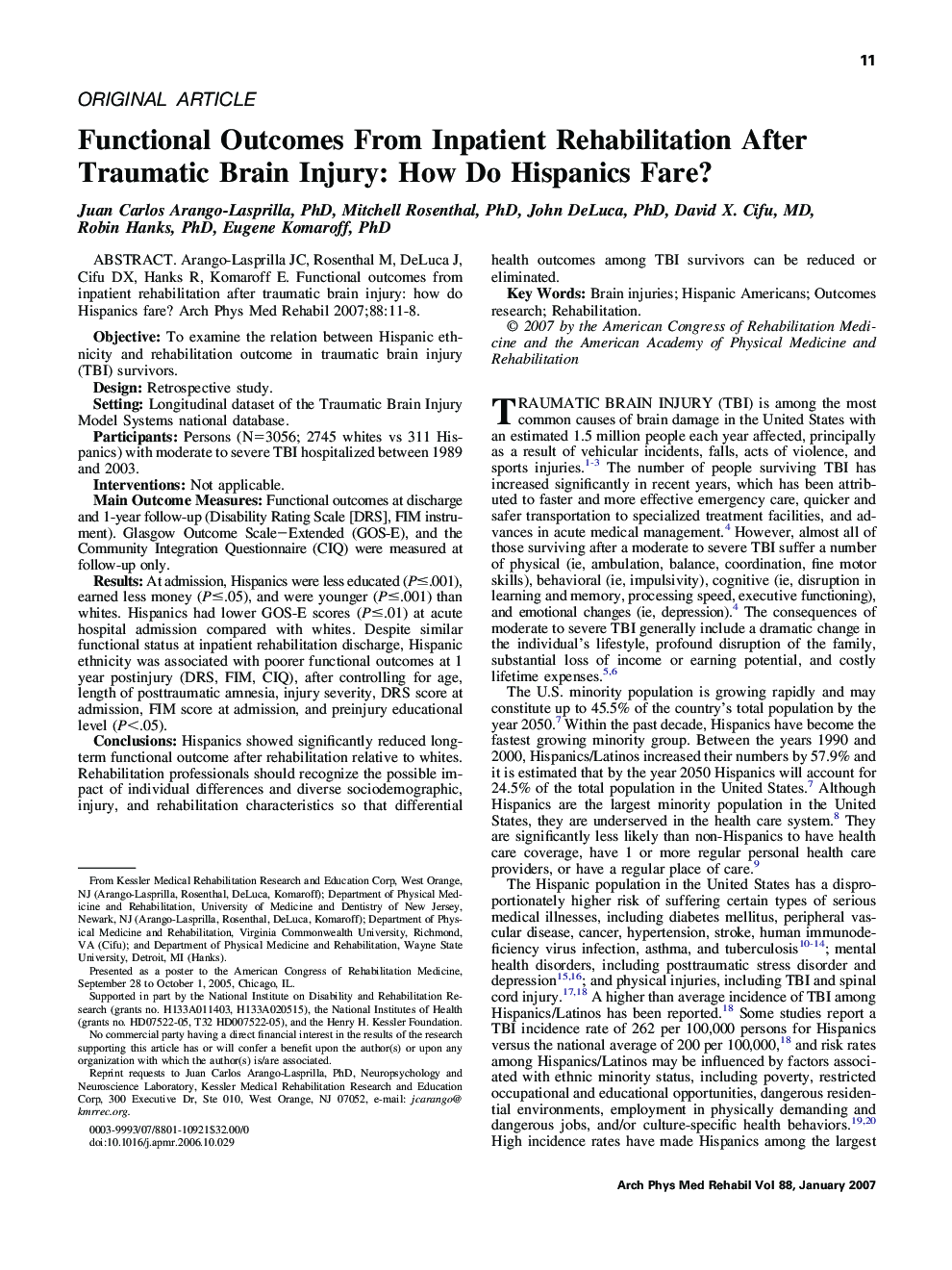 Functional Outcomes From Inpatient Rehabilitation After Traumatic Brain Injury: How Do Hispanics Fare? 