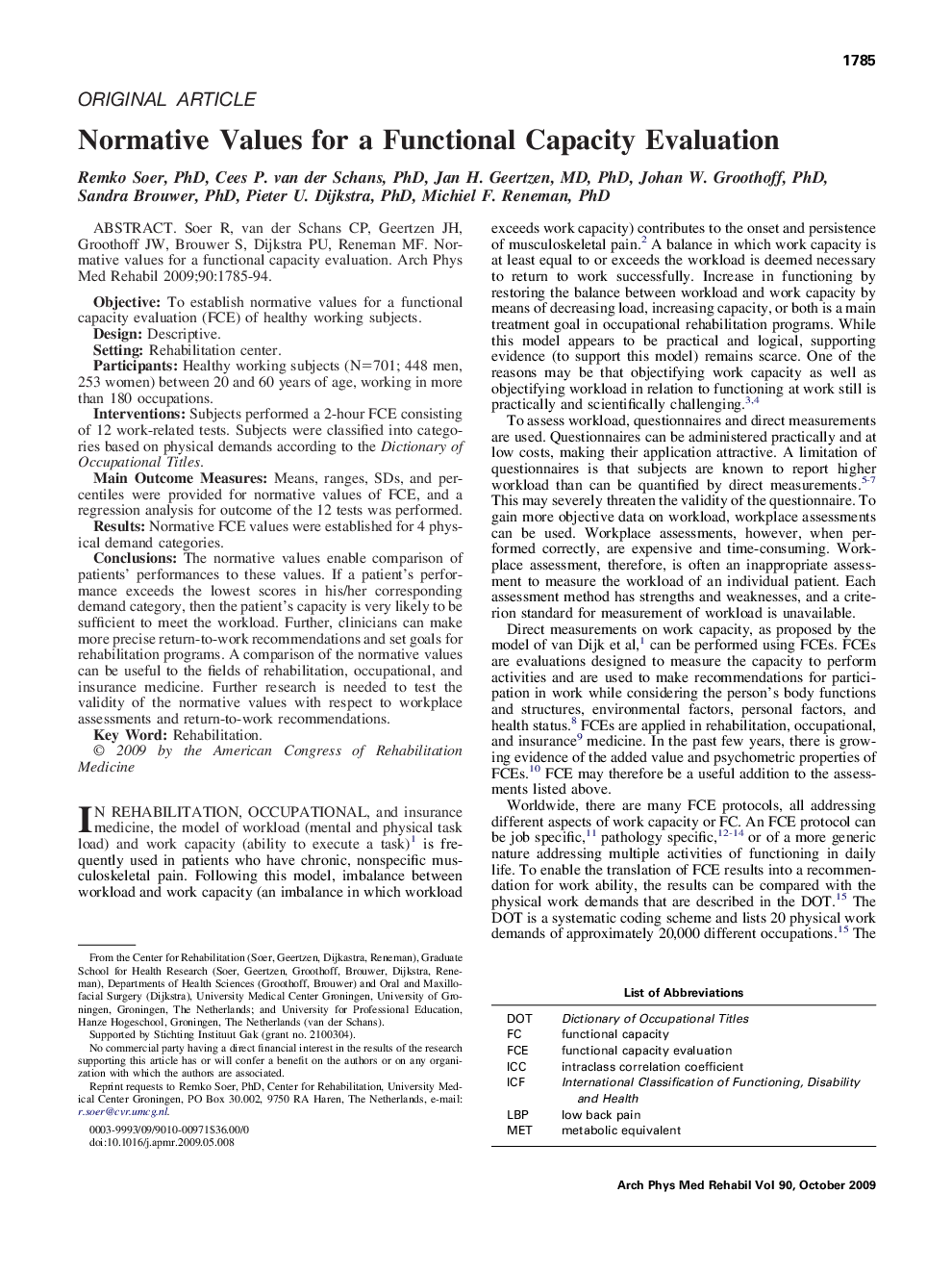 Normative Values for a Functional Capacity Evaluation