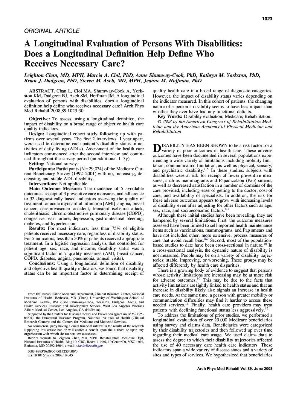 A Longitudinal Evaluation of Persons With Disabilities: Does a Longitudinal Definition Help Define Who Receives Necessary Care? 