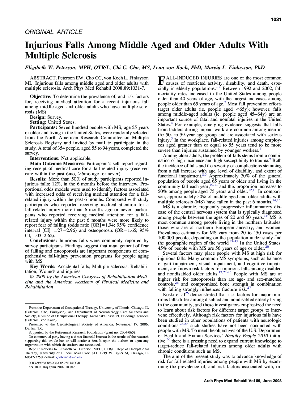 Injurious Falls Among Middle Aged and Older Adults With Multiple Sclerosis 