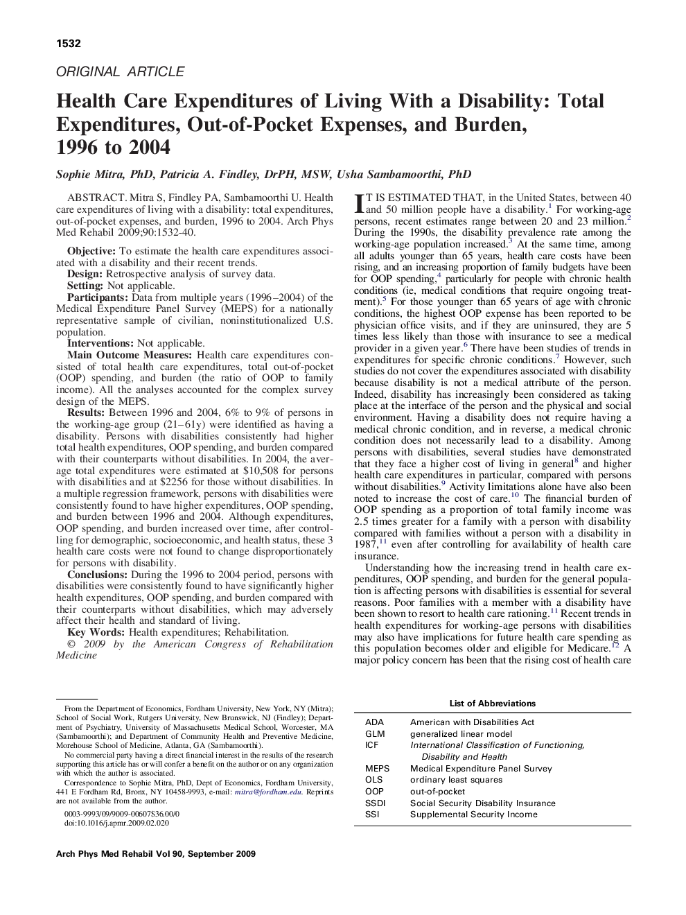 Health Care Expenditures of Living With a Disability: Total Expenditures, Out-of-Pocket Expenses, and Burden, 1996 to 2004