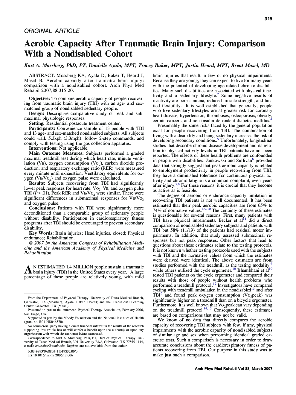 Aerobic Capacity After Traumatic Brain Injury: Comparison With a Nondisabled Cohort