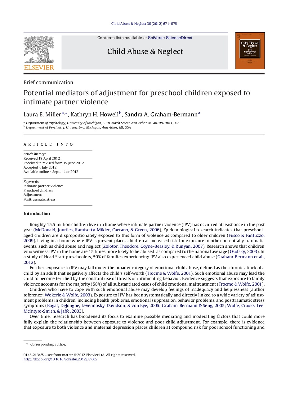 Potential mediators of adjustment for preschool children exposed to intimate partner violence