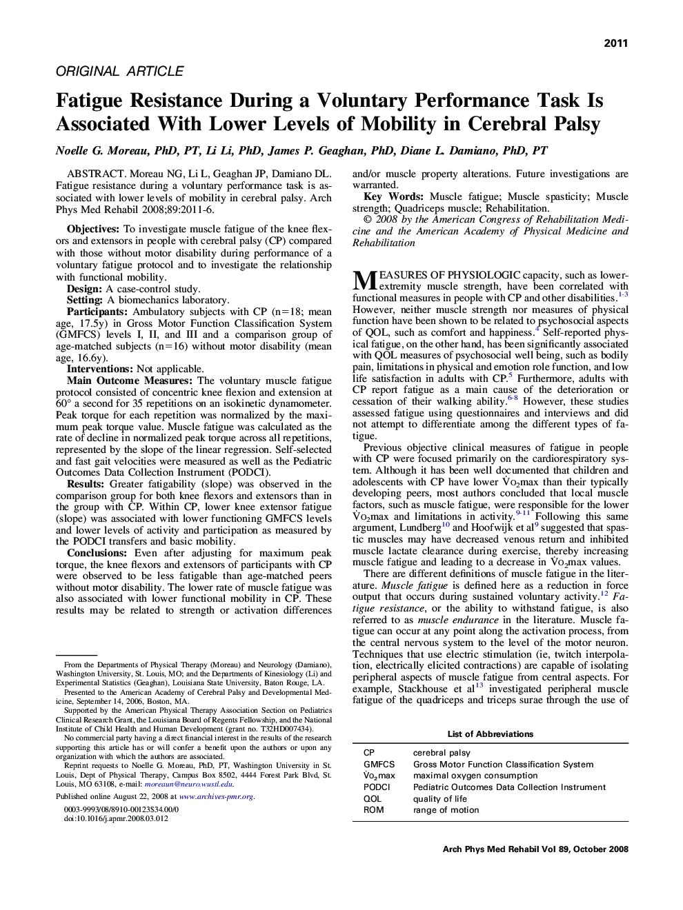 Fatigue Resistance During a Voluntary Performance Task Is Associated With Lower Levels of Mobility in Cerebral Palsy 